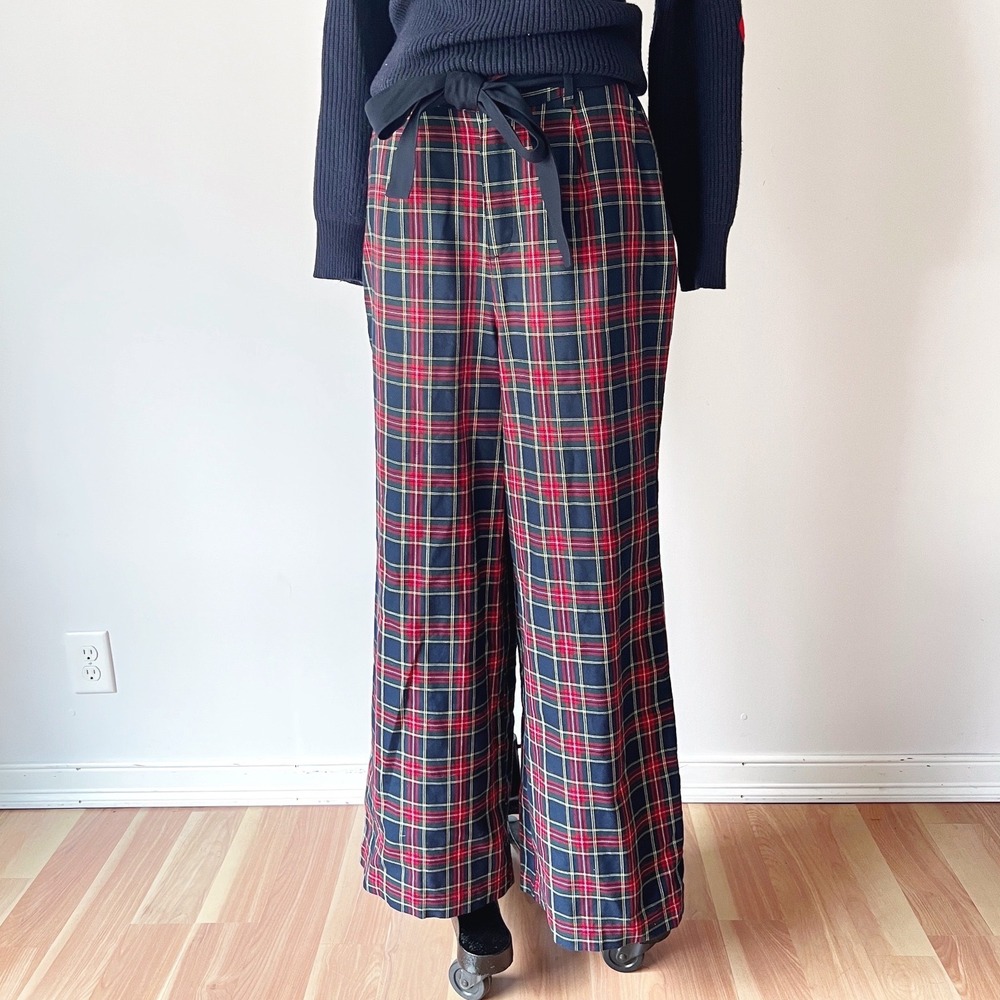 ModCloth Wide Leg Trousers Red Navy Plaid High Rise Tie Belt Pants